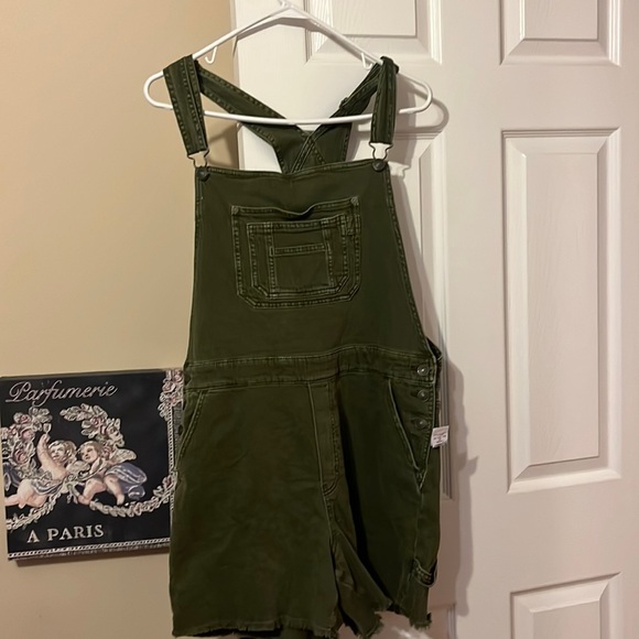American Eagle Outfitters Pants - American Eagle army green frayed bottom overall shorts size large NWT cargo pock